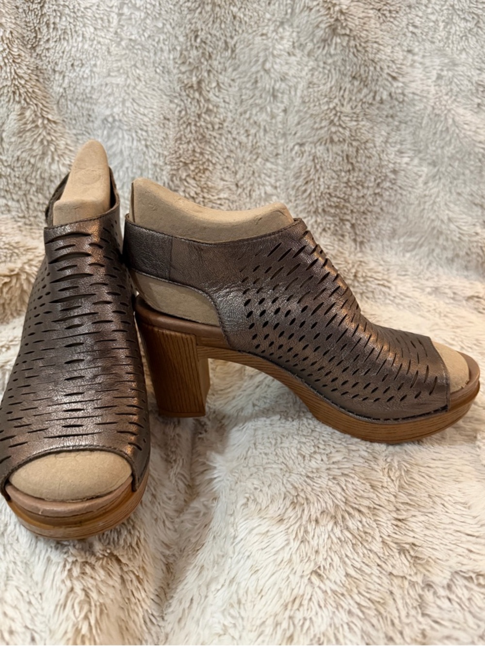 Dansko Danae - Open-Toe Perforated Leather Block Heel Sandals - Bronze